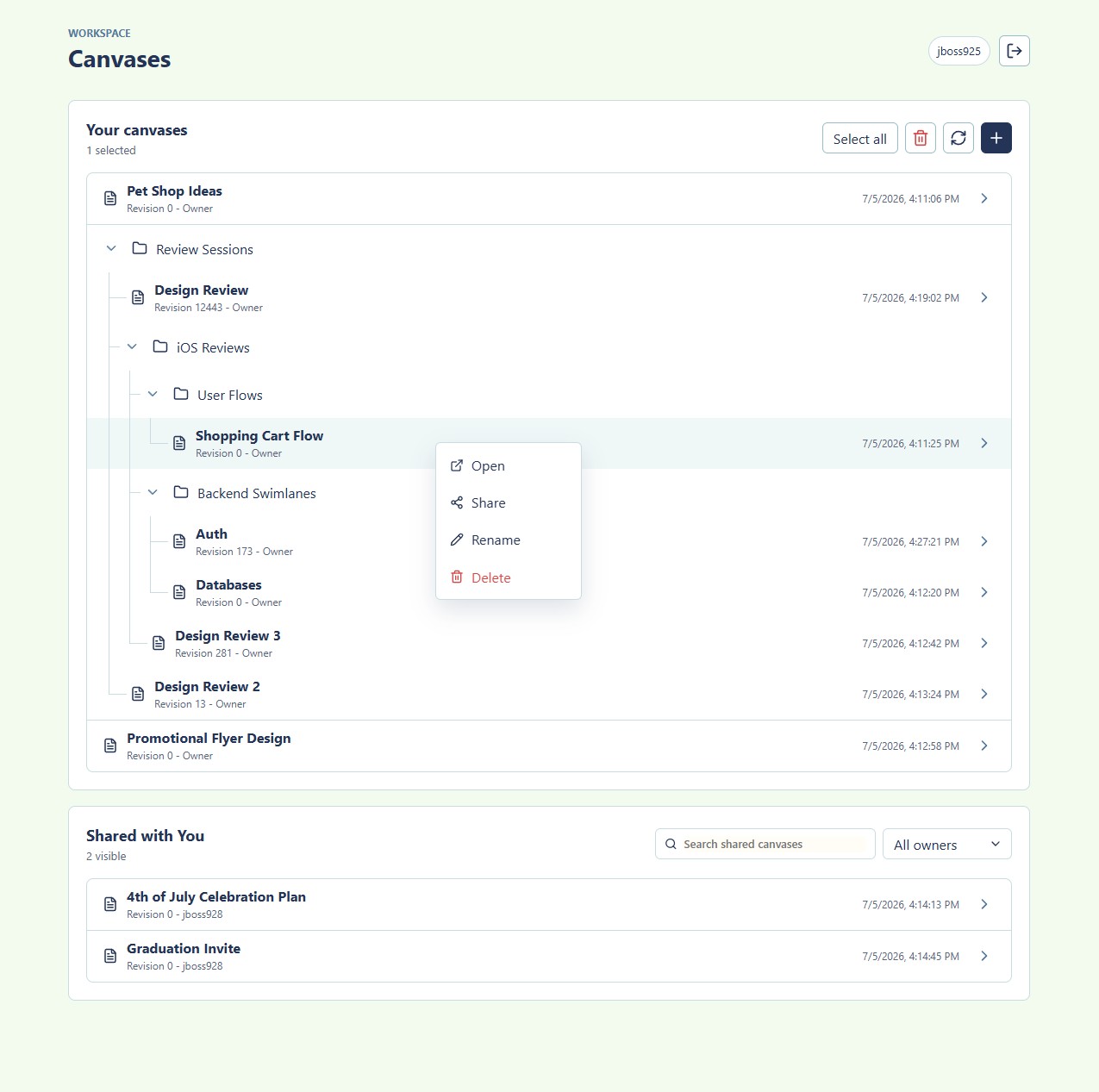 LiveBoard dashboard showing nested folders, canvases, selection, and drag-and-drop file organization